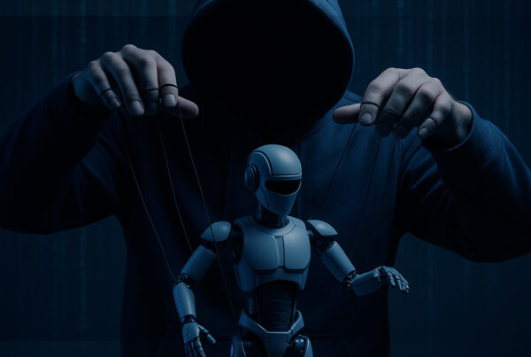 Pessoa encapuzada no escuro manipulando um robô com cordas, como se fosse uma marionete, simbolizando o controle humano malicioso sobre a inteligência artificial.