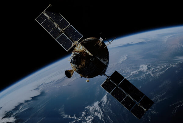 Satélite em órbita da Terra visto do espaço, ilustrando a transmissão de dados entre continentes por meio de comunicação de dados via satélite.